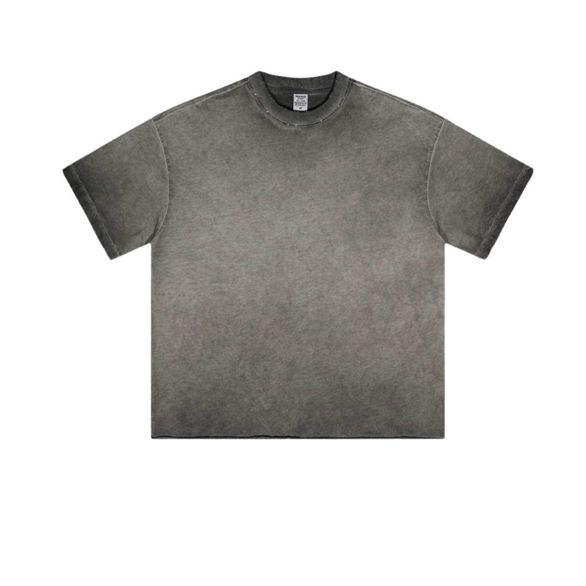 Charcoal gray oversized t-shirt with washed texture displayed flat against white background.