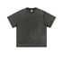 Product shot of dark gray acid-washed oversized t-shirt with crew neck and short sleeves on plain background