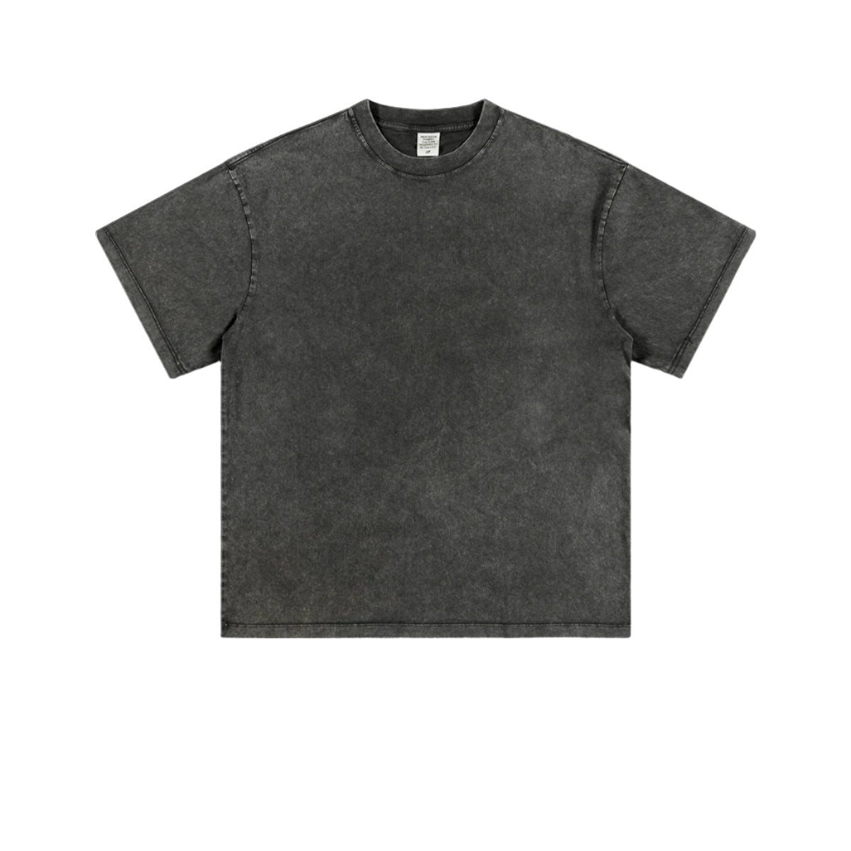 Product shot of dark gray acid-washed oversized t-shirt with crew neck and short sleeves on plain background