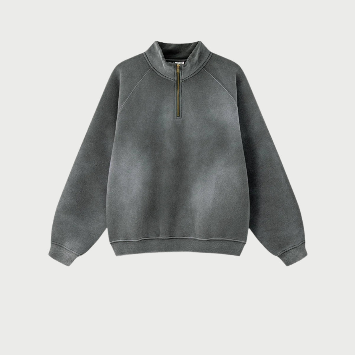 Dark gray quarter-zip sweatshirt with subtle wash effect displayed against light gray background
