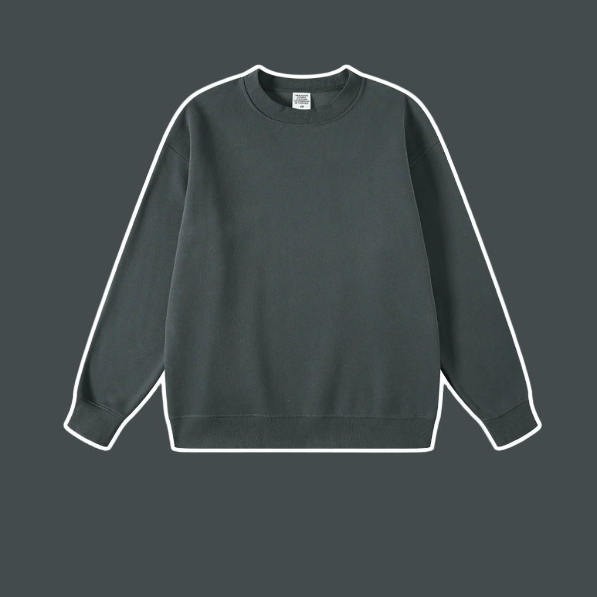 Dark charcoal gray crewneck sweatshirt with ribbed collar, cuffs and hem displayed against dark gray background