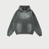Black washed-effect hoodie with small chest logo, kangaroo pocket and ribbed cuffs on light background