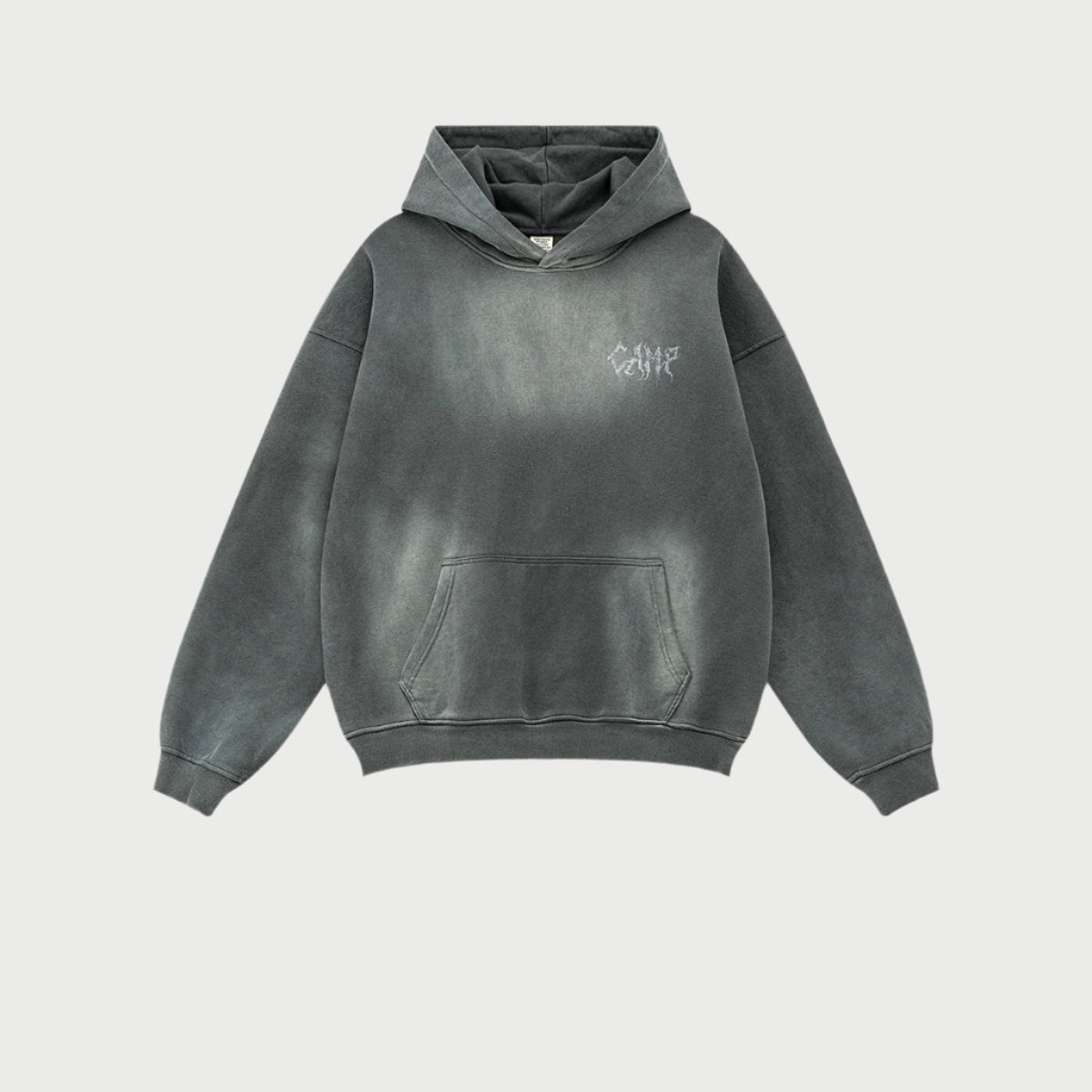 Black washed-effect hoodie with small chest logo, kangaroo pocket and ribbed cuffs on light background