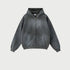 Charcoal gray zip hoodie with faded texture, front pouch pocket, ribbed trim, silver zipper, minimalist design
