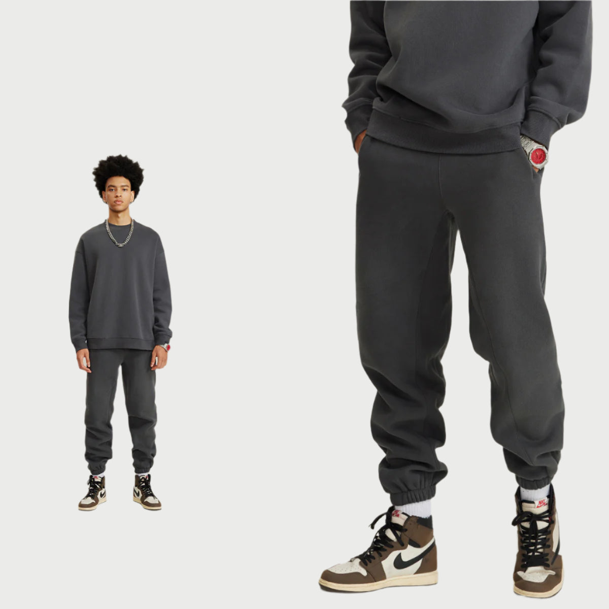 Model wearing black crewneck sweatshirt and matching joggers with dark red Nike sneakers and small white sunglasses