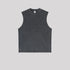 Charcoal black washed cotton muscle tank with ribbed collar and raw-edge armholes shown in product photography