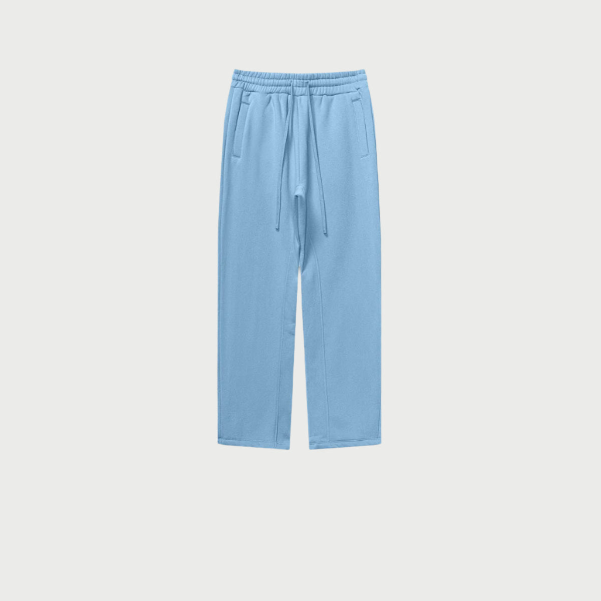 Light blue sweatpants with elastic waistband, drawstring and side pockets displayed on light gray background