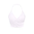 White wrap halter crop top with flattering ruched design on white background