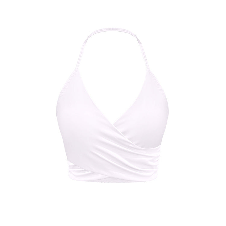 White wrap halter crop top with flattering ruched design on white background