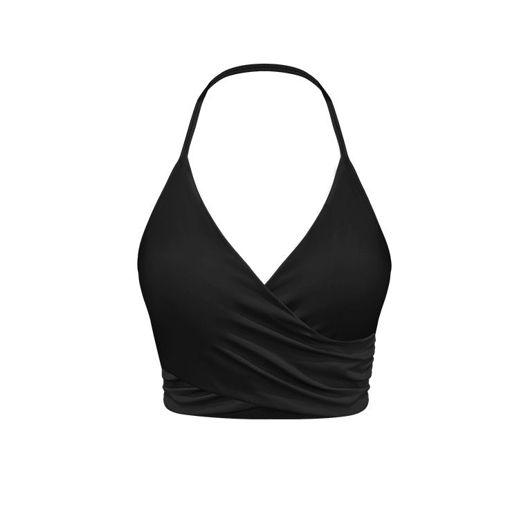 Black wrap halter workout crop top with ruched side detail on white background