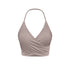 Taupe wrap halter workout crop top with ruched sides and seamless design