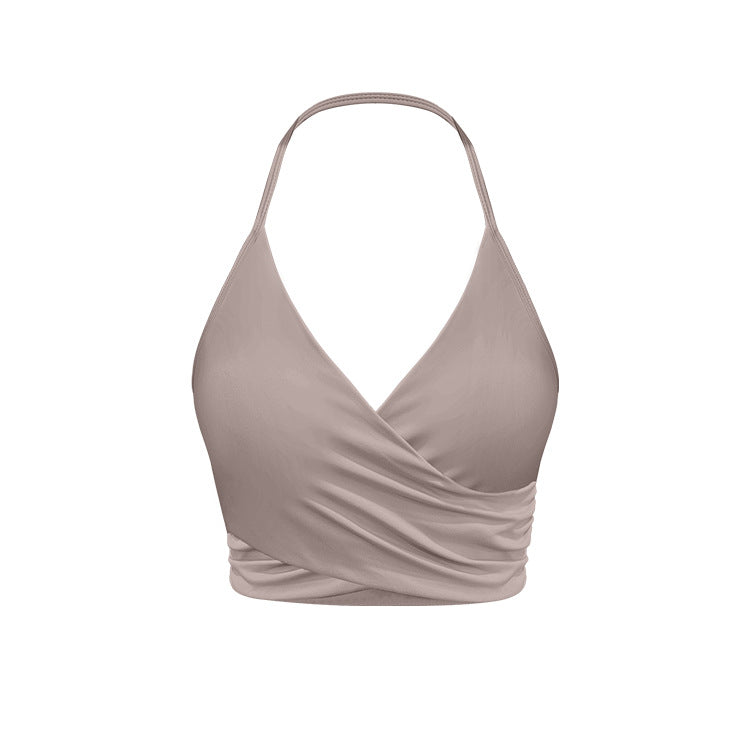 Taupe wrap halter workout crop top with ruched sides and seamless design