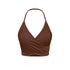 Chocolate brown wrap halter sports bra with ruched detailing on white background