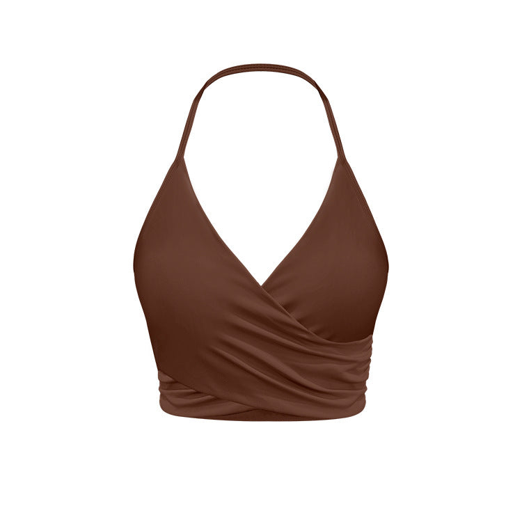 Chocolate brown wrap halter sports bra with ruched detailing on white background