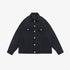 Black denim jacket with contrasting silver buttons and dual chest pockets displayed flat against white background