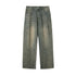 Flat lay of olive-green wide-leg jeans featuring unique curved seam detailing, faded wash effect, traditional five-pocket design, and button closure