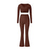 Brown workout set with long sleeve wrap top and flared pants, featuring rich chocolate color and fitted design
