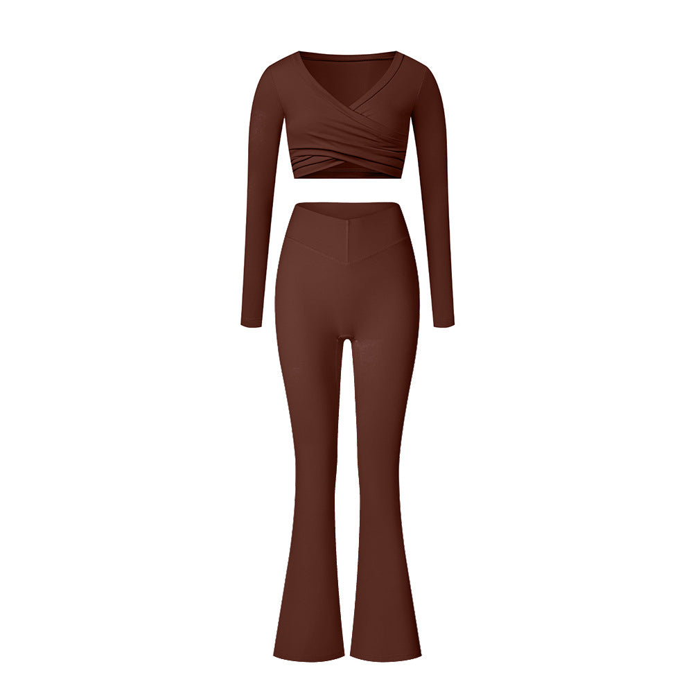 Brown workout set with long sleeve wrap top and flared pants, featuring rich chocolate color and fitted design