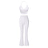 White halter top and flared pants set, showing elegant design and stretch fabric detail