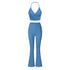 Blue halter top and flared pants set, showing summer style and comfortable fit