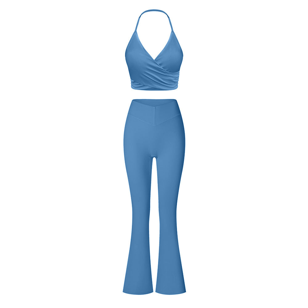 Blue halter top and flared pants set, showing summer style and comfortable fit