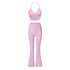 Pastel pink two-piece workout set: halter neck sports bra with wrap detail and flared yoga pants with high-waisted v-shaped waistband