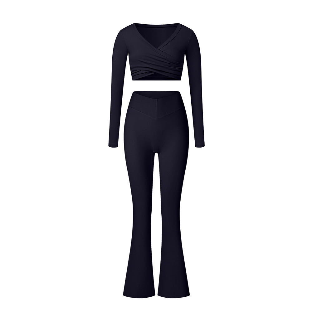 Black workout set with long sleeve wrap top and flared pants, featuring classic design and stretch fabric