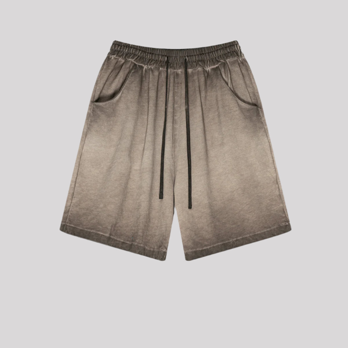 Light gray ombré washed cotton shorts with darker waistband displayed flat against light gray background