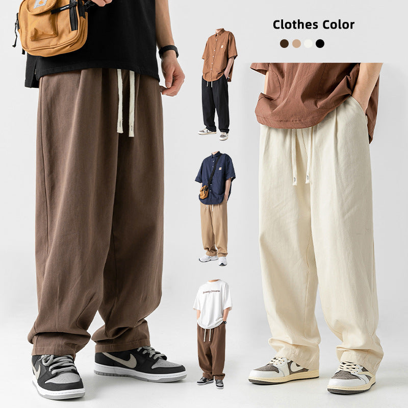 A model is wearing brown and off-white wide-leg drawstring pants with various outfit combinations shown in a collage, featuring four available color options