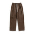 A pair of brown wide-leg drawstring pants with an elastic waistband and white drawstrings, neatly laid out on a white surface