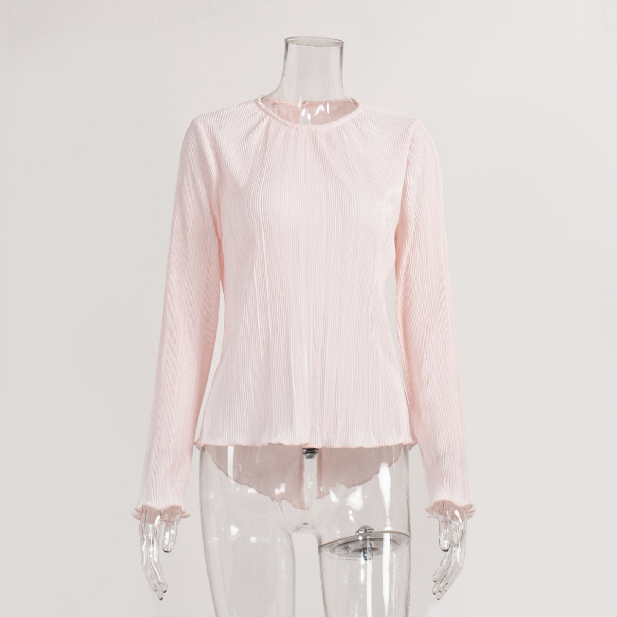 Light pink pleated top on mannequin featuring round neck, bell sleeves and vertical pleated texture