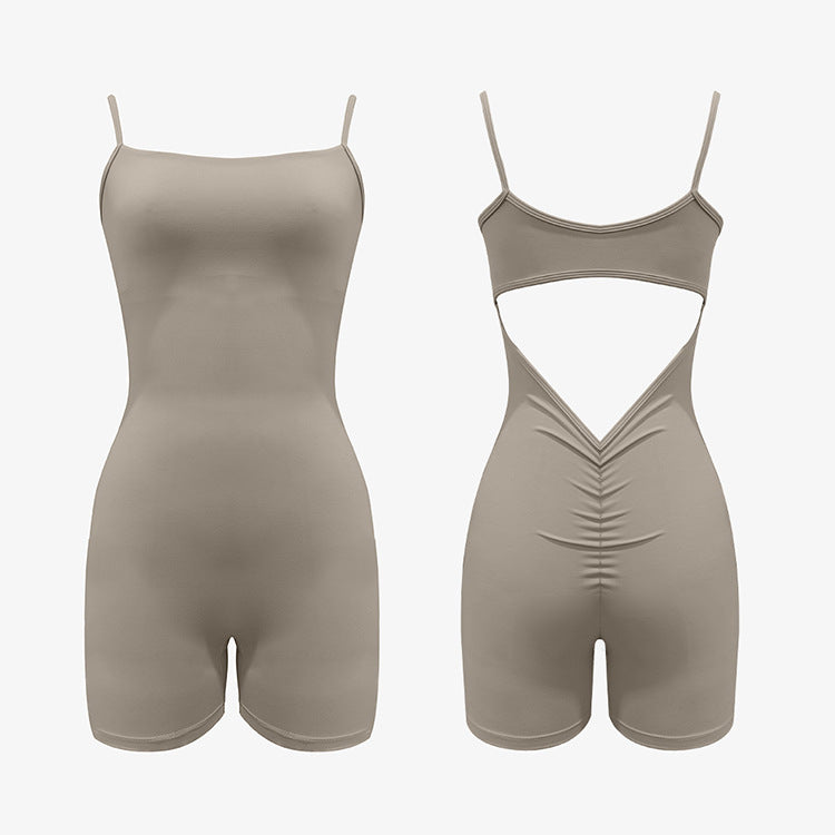 Gray bodysuit with cut-out back design, showing front and back views