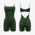 Dark green bodysuit with cut-out back design, showing front and back views