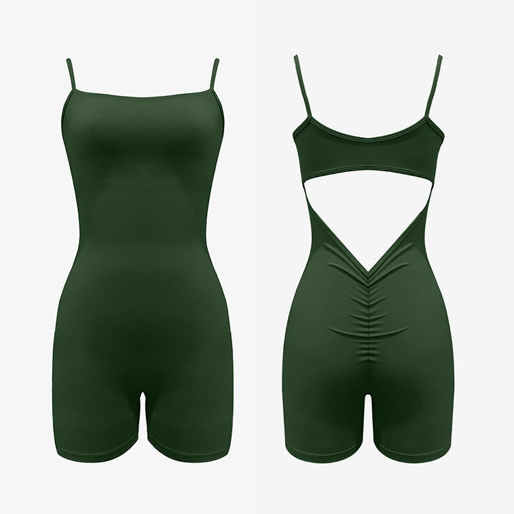 Dark green bodysuit with cut-out back design, showing front and back views