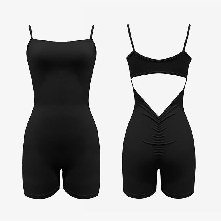 Black bodysuit with cut-out back design, showing front and back views
