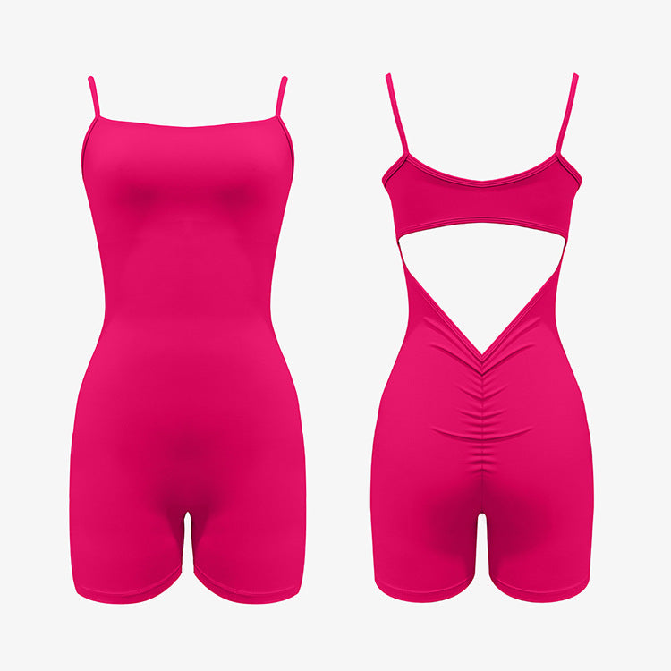 Bright pink/fuchsia bodysuit with cut-out back design, showing front and back views
