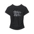 Black fitted t-shirt with white mountain landscape graphic print and ruched sides
