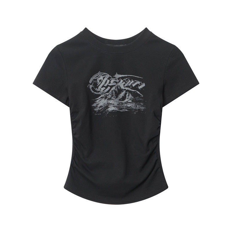 Black fitted t-shirt with white mountain landscape graphic print and ruched sides