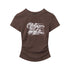 Brown fitted t-shirt with white mountain graphic print and ruched side details