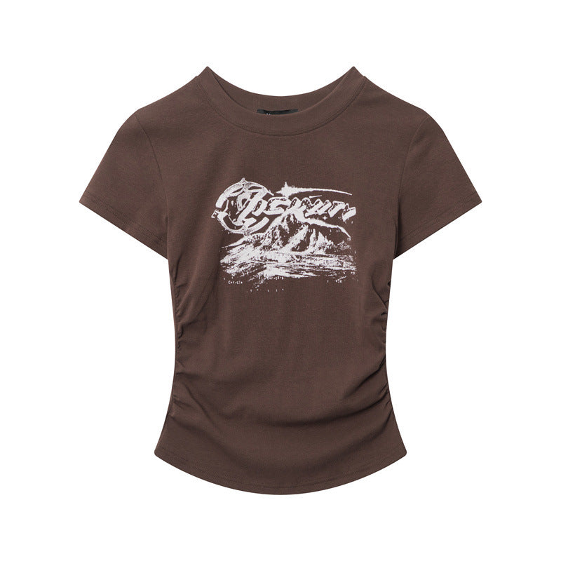 Brown fitted t-shirt with white mountain graphic print and ruched side details
