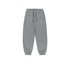 A pair of gray jogger sweatpants featuring an adjustable drawstring waist, elastic cuffs, and a small embroidered logo