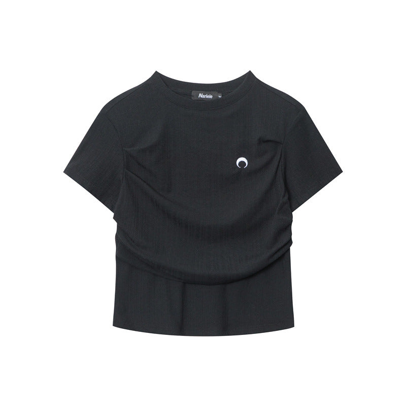 Minimalist Ruched Slim-Fit Tee with Embroidered Detail