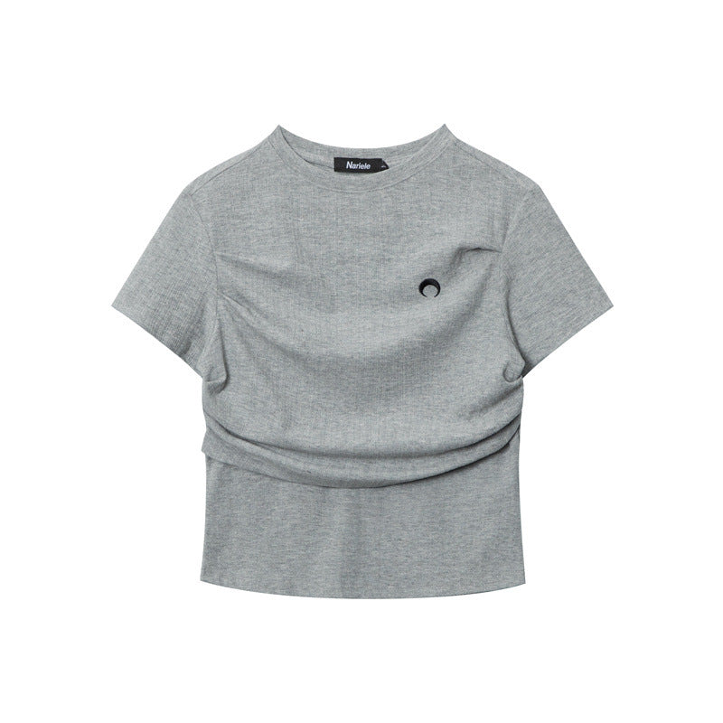 Minimalist Ruched Slim-Fit Tee with Embroidered Detail