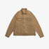 Tan denim jacket with silver buttons and traditional styling displayed flat against white background