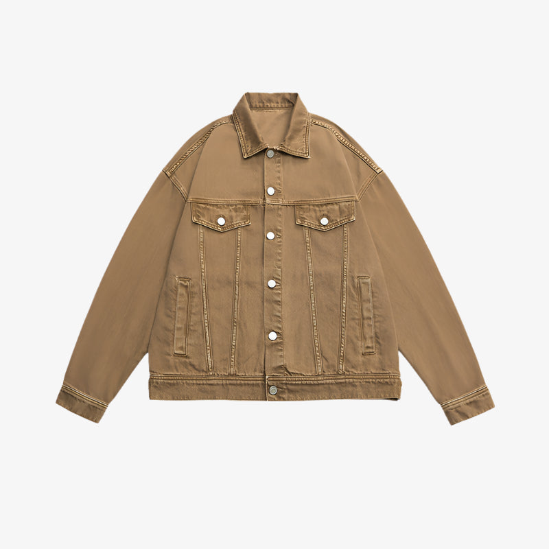 Tan denim jacket with silver buttons and traditional styling displayed flat against white background