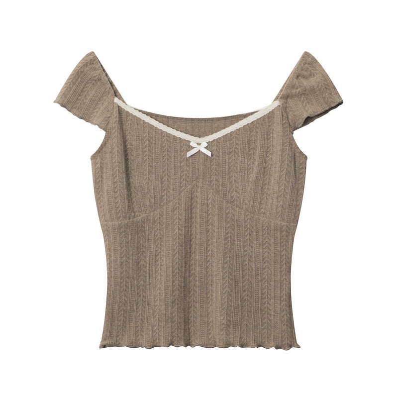 Taupe ribbed knit cap sleeve top with white contrast trim and bow detail at neckline, featuring scalloped hem displayed flat against white