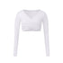 A white long-sleeve wrap crop top with V-neckline and cross-over ruched detail, shown flat against white background
