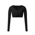 A black long-sleeve wrap crop top with V-neckline and crossed ruching detail, shown flat against white background
