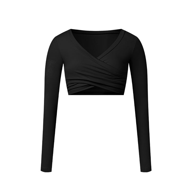 A black long-sleeve wrap crop top with V-neckline and crossed ruching detail, shown flat against white background