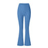 Sky blue flared leggings with high-rise waistband and V-shaped panel, shown on white background